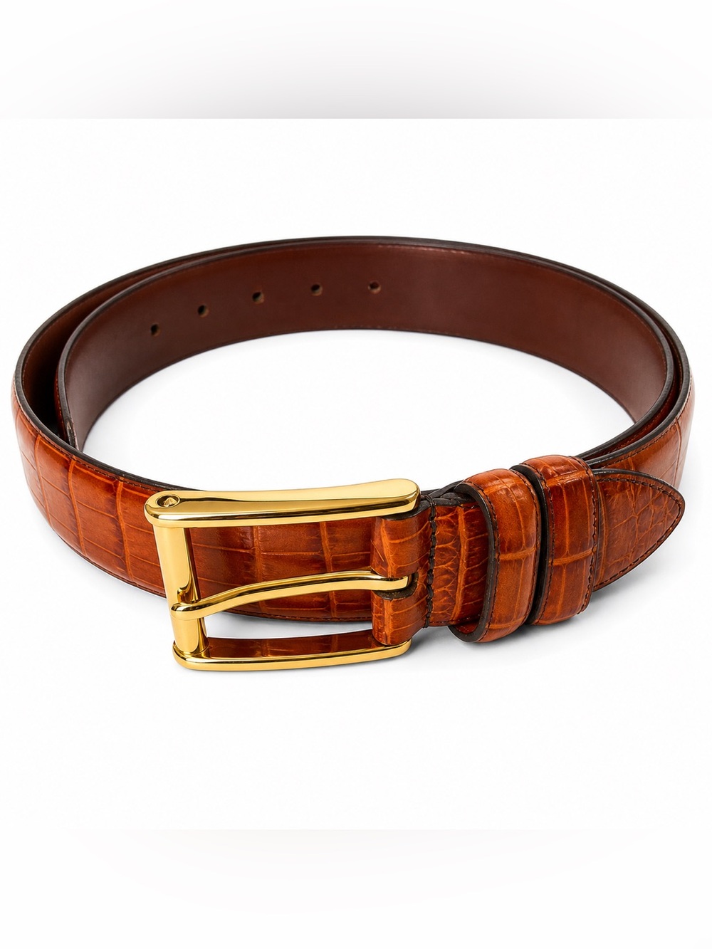 Johnston & Murphy Italian Calfskin Leather Belt Brown Croc Embossed Gold Buckle‎